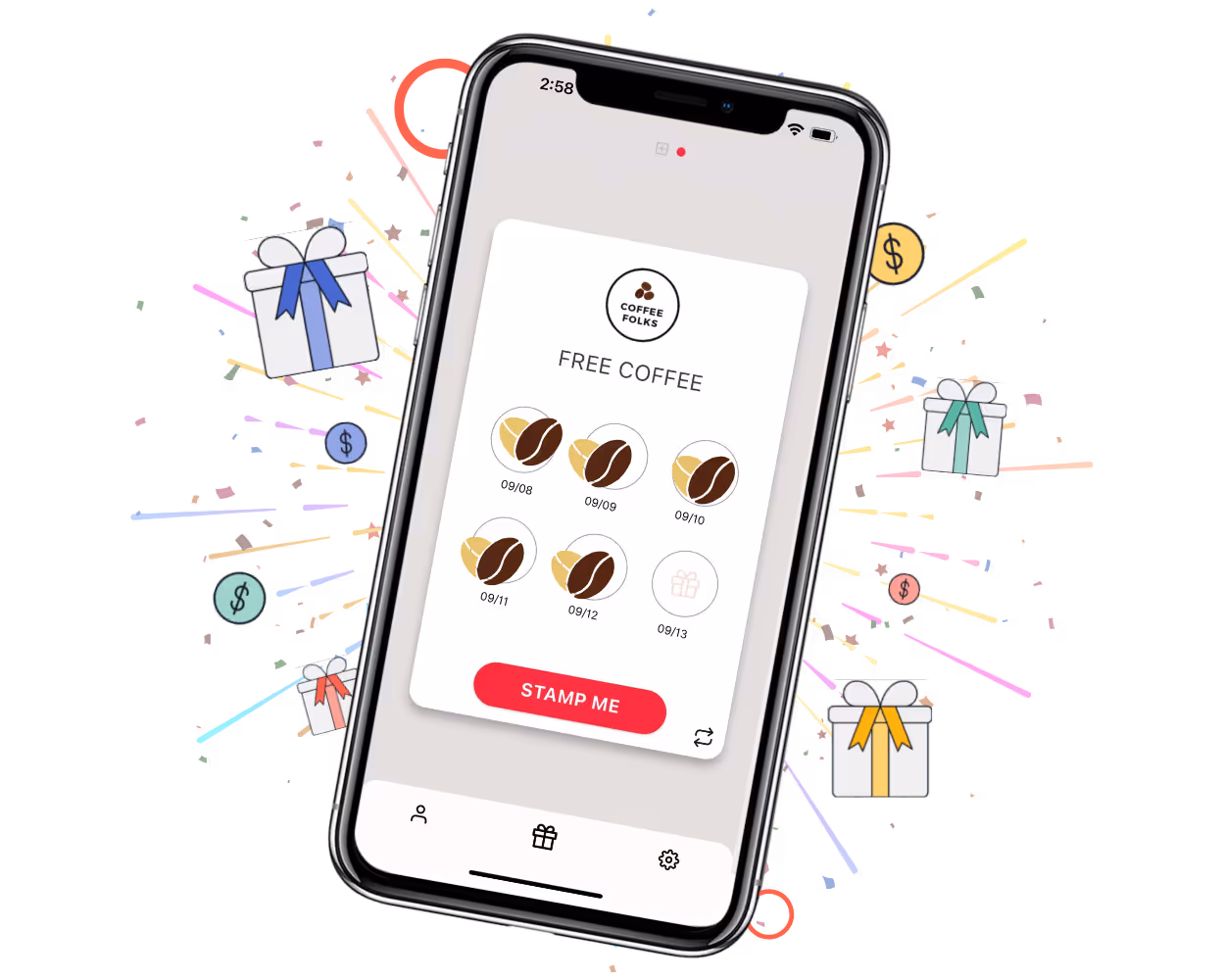 Digital cafe loyalty card with five stamps earned, ready for a surprise reward